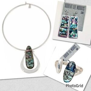 NWT Robert Lee Morris 3Pc polished Silver Abalone Necklace Earrings Bangle set